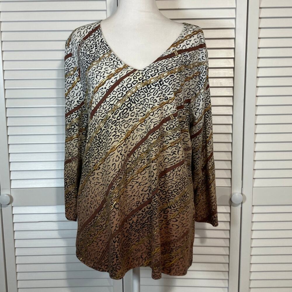 Jaclyn Smith Animal Vintage Boho Print V-neck ¾ Sleeve  Tunic Blouse Women XXL